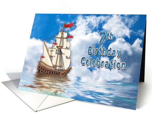 7th Birthday Party Invitation, Ship with Sails on Water card (1292154)