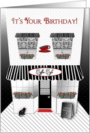 Birthday, French Cafe’, Black and White Awings on Store Front card