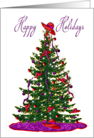 Christmas - Happy Holidays - red hat decorations on tree card