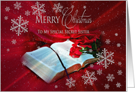 Christmas - Secret Sister - Bible - Snowflakes on Red Silk card