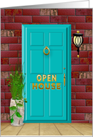 OPEN HOUSE - Invitation - Brick Wall and Aqua Blue Doors card