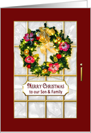 Christmas - Son & Family Red Entry Door- lighted wreath and sign card