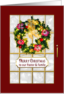 Christmas - Pastor & Family, Red Entry Door, lighted wreath and sign card