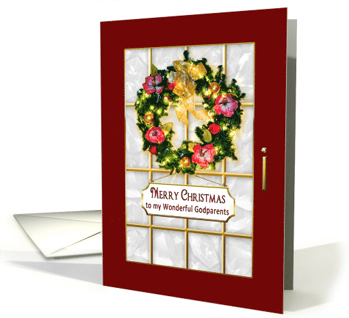 Christmas - Godparents, Red Entry Door, lighted wreath and sign card