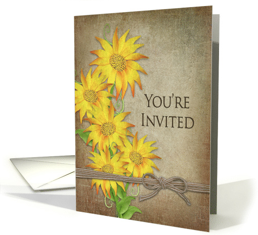 Country Sunflowers, Invitation, Brown Texture, Tied Knot card