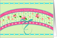You’re Invited - Sweet 16th Birthday Party - Green Gingham/Pink Flower card