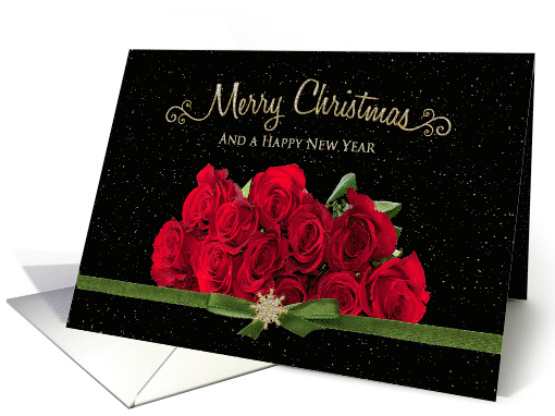 Christmas and Happy New Year, Red Roses with snowy background card