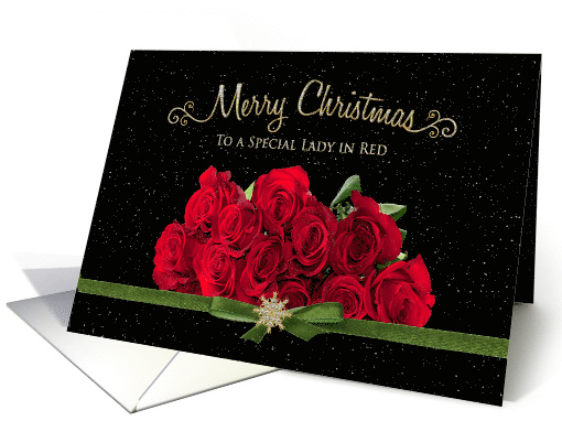 Christmas, Lady in Red Roses with snowy background card (1502882)