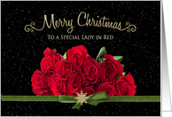Christmas, Lady in Red Roses with snowy background card