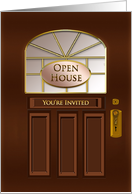 Open House Invitation - Brown/Gold Door with sign card