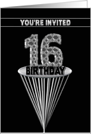 16th Birthday Party Invitation - Abstract Faux Metal on Black card