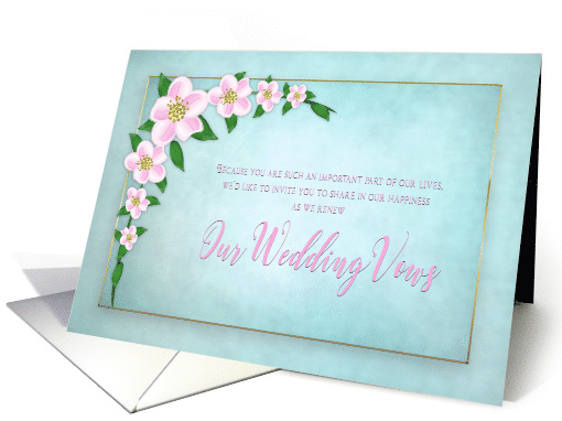 Renewing Wedding Vows Invitation, Pink Apple blossoms on Blue card