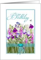 Birthday, 21st, Garden of Flowers,Tourquoise Ribbon & Faux Jewel card