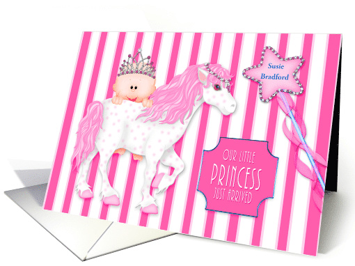 Birth Announcement, Baby Girl, Princess Style,Horse, Pink card
