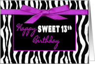 Birthday, 13th, Fun Zebra Print with Purple Ribbon and Bow card