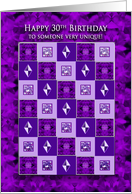 Birthday, 30th,Purple Squares Pattern/Faux Gems card
