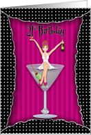 21st Birthday Party Invitation, Girl Celebrating on Cocktail Glass card