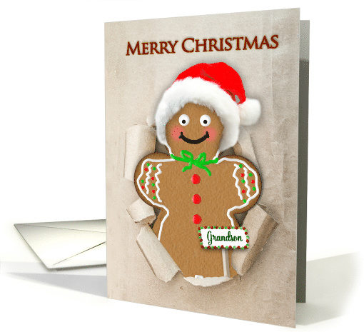 Christmas, Grandson, Gingerbread Man in Santa Hat, Paper Bag card