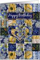 Birthday, Quilt Squares, Blue and Yellow Squares, Hearts, card