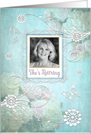 Feminine Floral Retirement Invitation, Photo Insert and Aqua Filter card