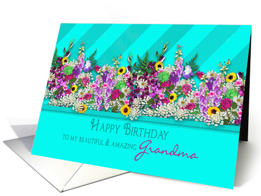 Birthday,Grandma Fresh Country Garden Flowers, Aqua Blue Stripes card
