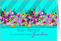 Birthday,Grandma Fresh Country Garden Flowers, Aqua Blue Stripes card