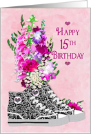 Birthday, 15th, Stylish High-Top Sneakers/Flowers card