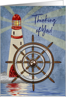 Thinking of You, Lighthouse with Ship’s Wheel in forefront, Blank card