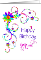 Birthday, Girlfriend, Abstract Vivid Colors, Flowers, Tropical Bird card