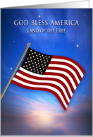 USA Patriotic, God Bless America, American Flag Flying at Twilight card