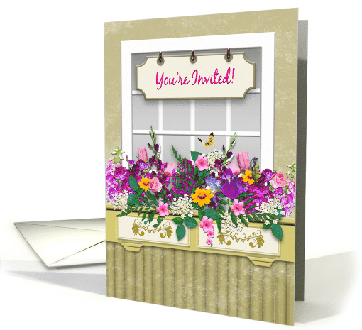 You're Invited, Invitation, Window Box With Colorful Flowers, card