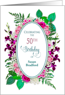 50th Birthday for Woman Invitation Flowers Around Oval, Personalize card