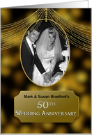 50th Wedding Anniversary Photo Invitation, Gold-look Streamers, Name card