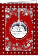 Christmas, Pastor & Family, Red Ornament with Country Church In Winter card