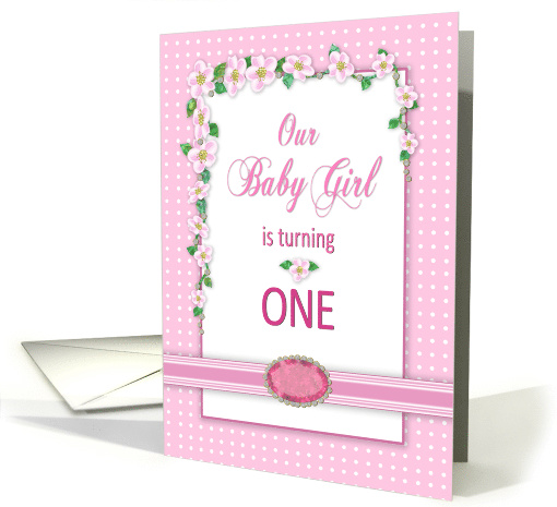 Baby Girl's 1st Birthday Invitation, Pink Flowers & Polka Dots card