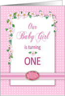 Baby Girl’s 1st Birthday Invitation, Pink Flowers & Polka Dots card