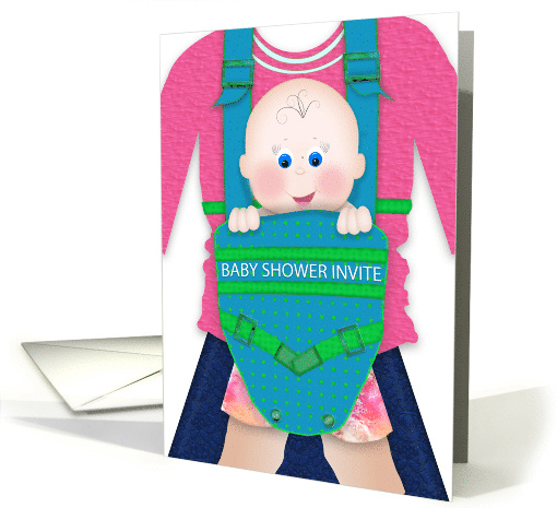 Baby Shower Party Invitation, Baby In Carrier Strapped to Mother card