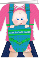 Baby Shower Party Invitation, Baby In Carrier Strapped to Mother card