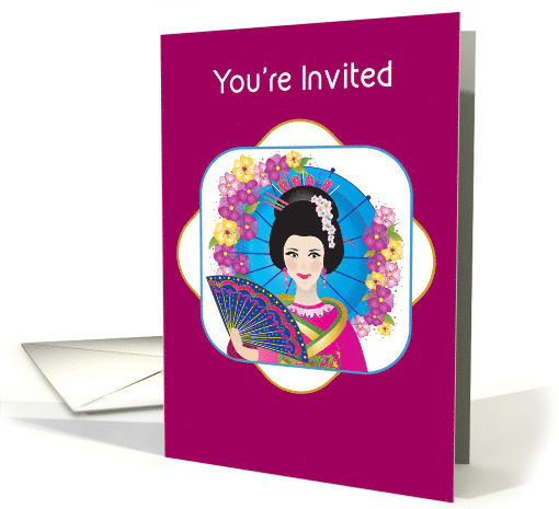 You're Invited, Asian Woman in Her Culture Attire, Umbrella/Fan card