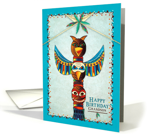 Birthday, Grandson, American Indian Pole, Feathers, and Arrows card