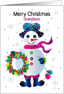Christmas Grandson Snowman and Wreath in Bright Vivid Colors card