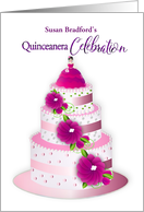 Quinceanera Celebration Invitation 3Tier Cake Flowers Name Insert card