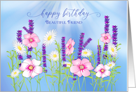 Birthday Friend Garden Pink Purple and White Flowers Isolated on Blue card