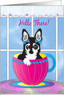 Hello There Small Black Terrier Dog Inside Cup in Front of Window card