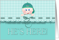 Announcment New Baby Boy Aqua Teal Scallop Border Baby Face Hat card