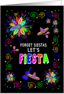 Fiesta Invitation Colorful Designs on Black Abstract Flowers Sombreros card