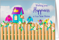 New Home Wishing Happiness Birds and Birdhouse and Packing Boxes card