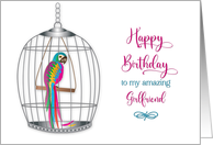 Birthday Girlfriend Pretty Colorful Parrot in Birdcage card