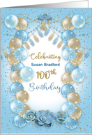100th Birthday Party Invitation Blue and Gold Balloons Name Insert card