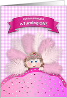 1st Birthday Pary Invitation Little Girl with Crown and Feathers Pinks card